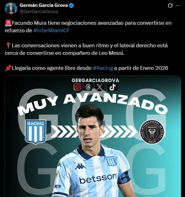 Facundo Mura negocia con Inter Miami. (Captura)