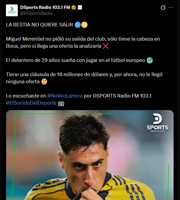 Merentiel no tiene pensado marcharse de Boca. (Captura)