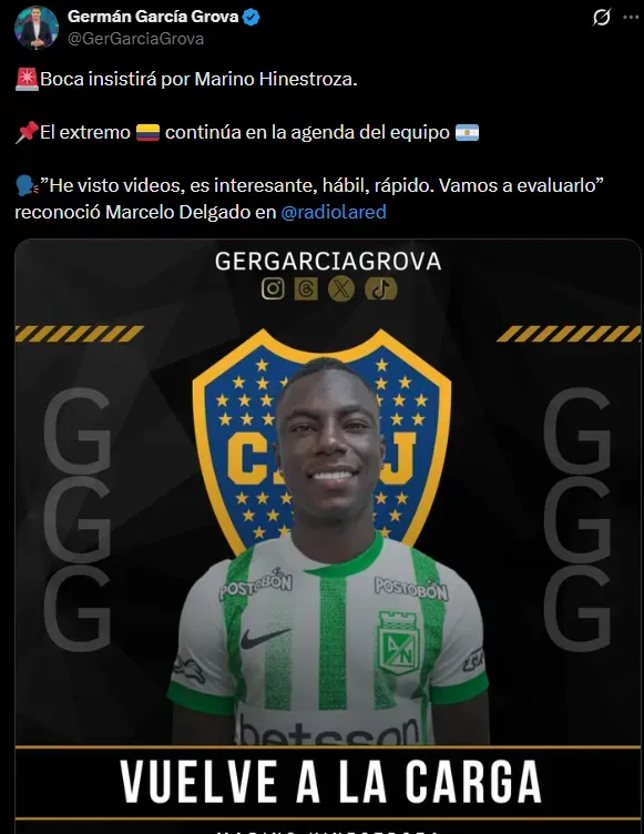 Boca buscará a Hinestroza. (Captura)