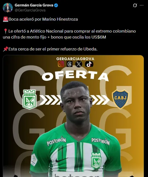 Boca ofertó por Hinestroza. (Captura)