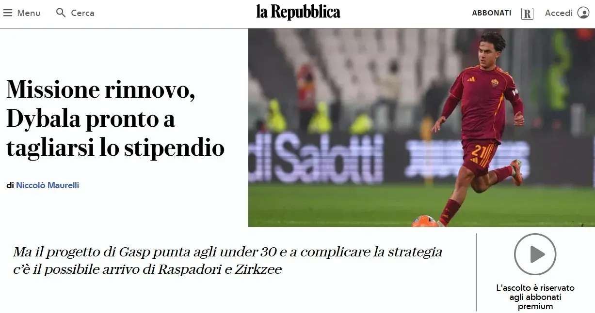 Roma quiere retener a Dybala. (Repubblica)