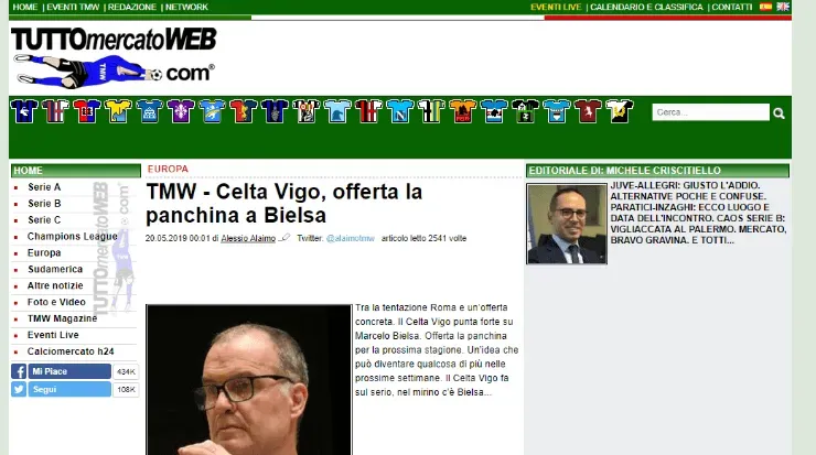 La publicación de Tutto Mercato que consigna la información de Bielsa