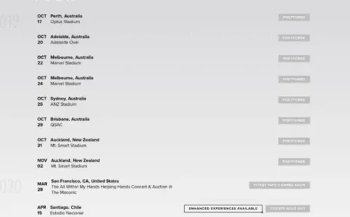 Los conciertos suspendidos y el de Chile como el primero de regreso a las pistas en 2020 en el sitio oficial de Metallica.