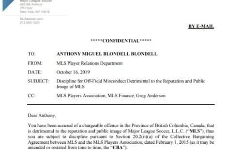 Documento que “suspende” a Blondell de jugar en la MLS.