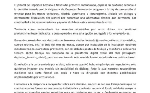 Carta del plantel de Deportes Temuco