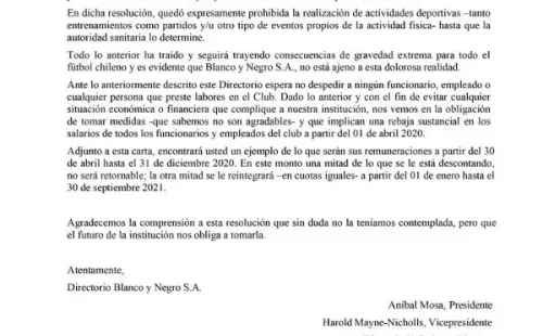 Carta de ByN a los funcionarios del club. (FOTO: La Tercera)