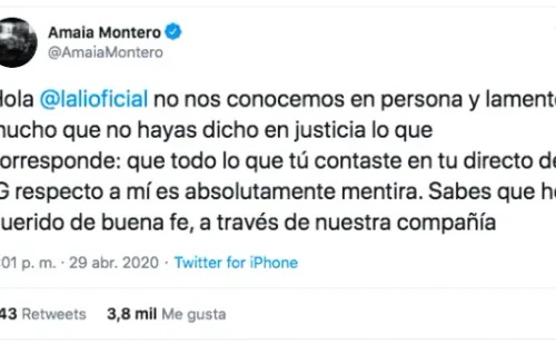 El primer tuit de Amaia Montero a Lali Espósito.