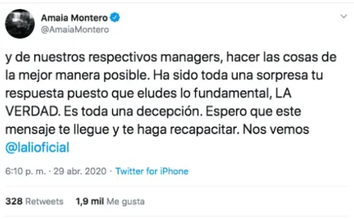 El segundotuit de Amaia Montero a Lali Espósito.