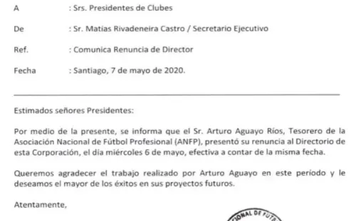 Carta con la oficialización de la renuncia de Aguayo.