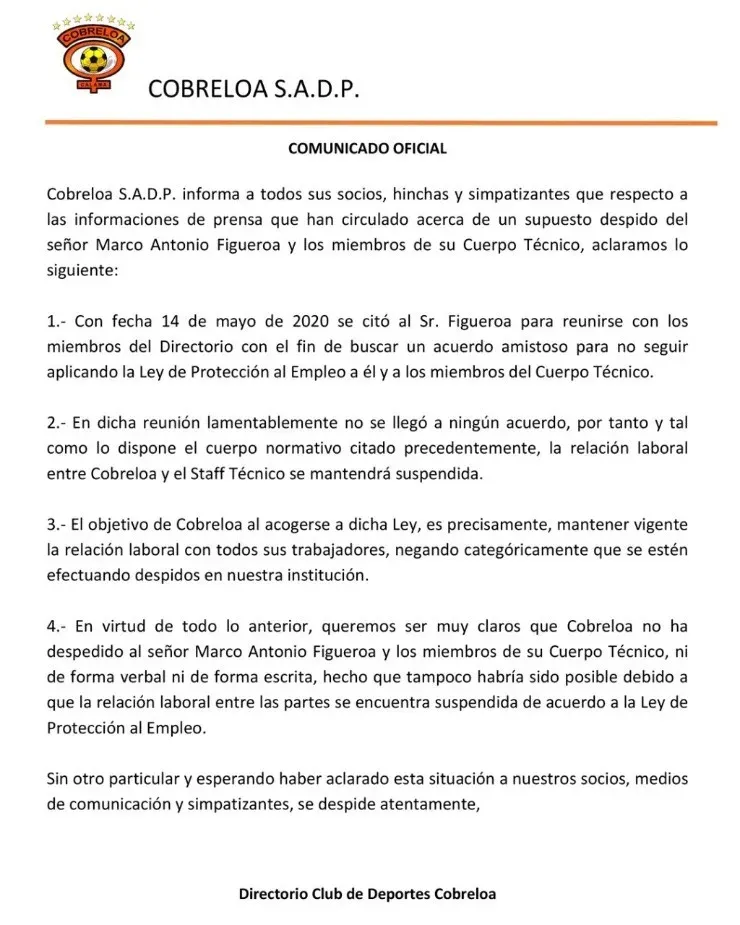 Cobreloa aclaró su posición sobre el Fantasma Figueroa en un comunicado