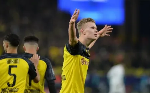 Haaland celebrando uno de los goles que marcó en la llave ante París Saint-Germain, por los octavos de final de la Liga de Campeones. (FOTO: Getty Images)