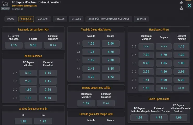 Las cuotas para que te la juegues en el duelo del Bayern Múnich ante Eintracht por la Bundesliga.
