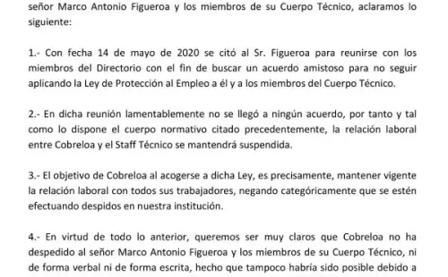 El comunicado de Cobreloa hace unas días con la versión del club sobre el quiebre con Marco Antonio Figueroa.