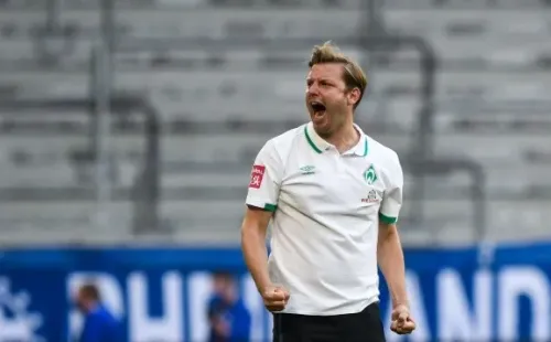 El entrenador Florian Kohfeldt celebra a todo pulmón el gol de Bittencourt (Getty Images)