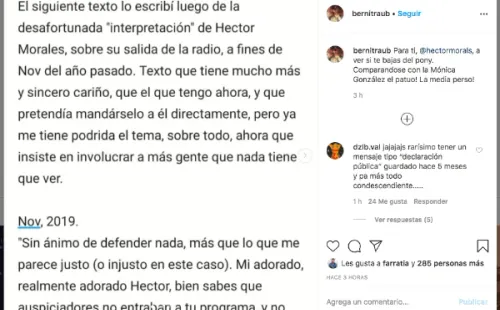 La publicación del Instagram que Berni Traub le dedicó a Héctor Morales.