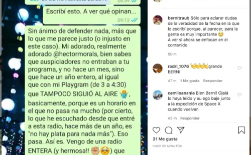 La publicación del Instagram que Berni Traub le dedicó a Héctor Morales.