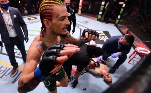 Sean O’Malley extendió su invicto a un 12-0. En el piso, Eddie Wineland, quien cayó noqueado y sin respuesta. Foto: Getty Images