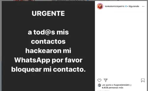 La publicación de Tonka Tomicic en Instagram, para alertar sobre el hackeo a su cuenta de Whatsapp.