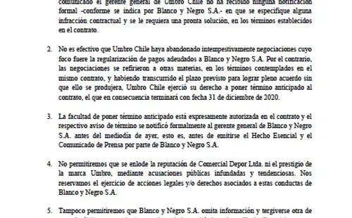 Comunicado de Umbro explicando por qué terminan su contrato con Colo Colo.