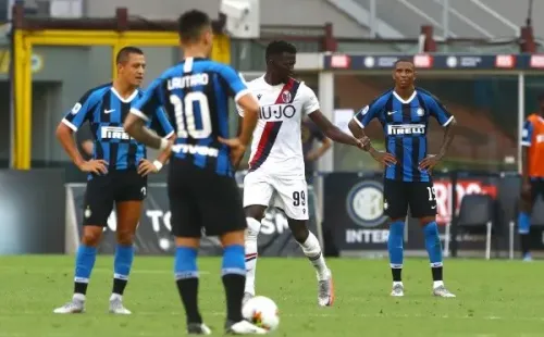 during the Serie A match between FC Internazionale and Bologna FC at Stadio Giuseppe Meazza on July 5, 2020 in Milan, Italy.-Not Released (NR)
