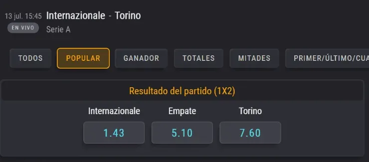 Las cuotas para que te la juegues en el partido entre el Inter de Milán de Alexis Sánchez y el Torino, por otra jornada de la Serie A de la mano de Coolbet.