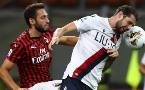 during the Serie A match between AC Milan and Bologna FC at Stadio Giuseppe Meazza on July 18, 2020 in Milan, Italy.-Not Released (NR)