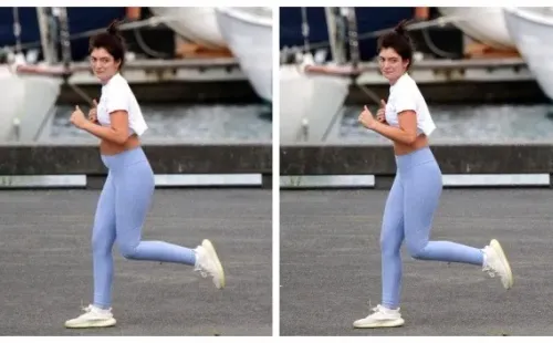 A la izq. la imagen alterada de Lorde con su vientre abultado. A la derecha, la fotografía original de la cantante en un entrenamiento en Auckland.