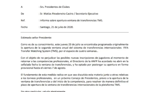 Carta que fue enviada a todos los presidentes de clubes en Chile. (FOTO: CDF)