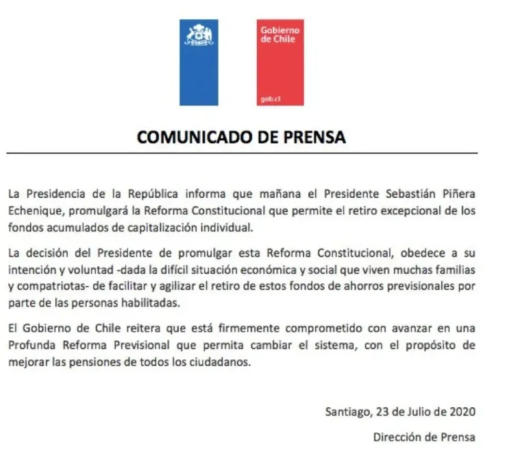 Desde La Moneda informaron que el presidente Sebastián Piñera promulgará este viernes la reforma constitucional para el retiro excepcional de los ahorros previsionales. Además, el Ejecutivo reitera que se compromete a avanzar en una profunda reforma al sistema de pensiones.