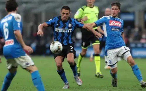 during the Serie A match between FC Internazionale and SSC Napoli at Stadio Giuseppe Meazza on July 28, 2020 in Milan, Italy.-Not Released (NR)