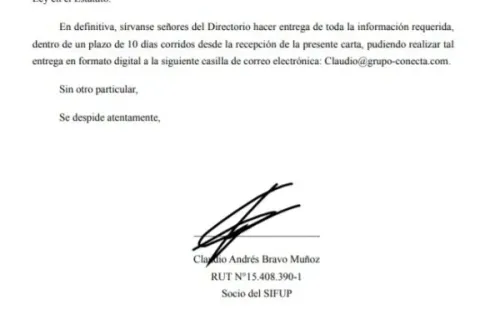 Carta de Claudio Bravo al SIFUP (Claudio Bravo)