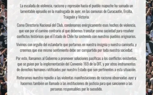El comunicado del Club Social y Deportivo Colo Colo.