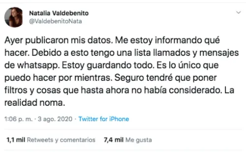 Natalia Valdebenito informa que sus datos fueron filtrados y que recibió amenazas directas en su teléfono móvil.
