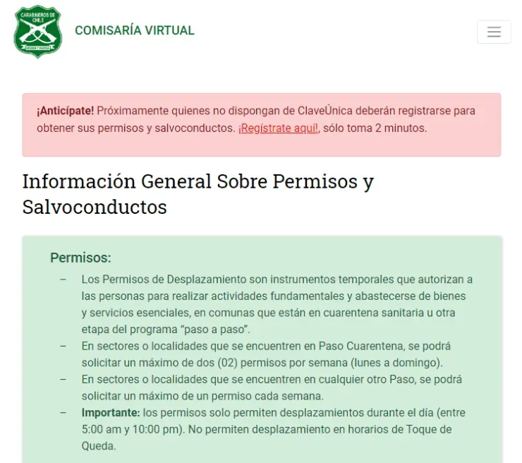 Este es el mensaje que se despliega en Comisaría Virtual llamando a los usuarios a registrarse, para cuando se pase a la nueva modalidad se puedan solicitar los permisos temporales en zonas que se mantienen en cuarentena.