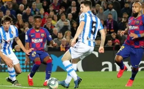 Ansu Fati, Zubeldia, Arturo Vidal and Robin Le Normand during the match between FC Barcelona and Real Sociedad, corresponding to the week 27 of the Liga Santander, played at the Camp Nou Stadium, on 07th March 2020, in Barcelona, Spain. (Photo by Joan Valls/Urbanandsport /NurPhoto)-Not Released (NR) Editorial Use Only