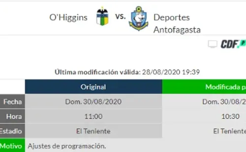 Nuevo horario de O'Higgins vs Antofagasta