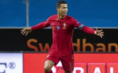 STOCKHOLM, SWEDEN - SEPTEMBER 08: Cristiano Ronaldo of Portugal celebrates after scoring the 0-1 goal during the UEFA Nations League group stage match between Sweden and Portugal at Friends Arena on September 8, 2020 in Stockholm, Sweden. (Photo by David Lidstrom/Getty Images)-Not Released (NR)