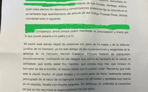 La declaración Kel Calderón acusando presiones de su madre Raquel Argandoña a su padre Hernán Calderón Salinas, para defender a su hermano Nano. (1)