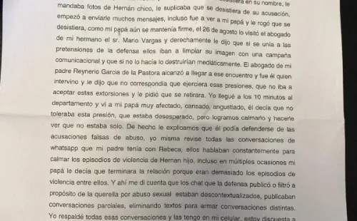 La declaración Kel Calderón acusando presiones de su madre Raquel Argandoña a su padre Hernán Calderón Salinas, para defender a su hermano Nano. (2)