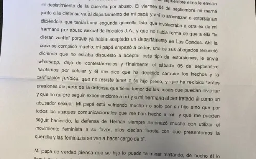La declaración Kel Calderón acusando presiones de su madre Raquel Argandoña a su padre Hernán Calderón Salinas, para defender a su hermano Nano. (3)