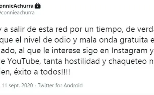 Connie Achurra anuncia que cerrará su cuenta de Twitter