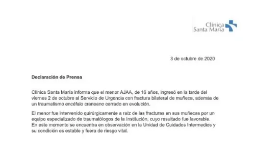 Comunicado Clínica Santa María | Foto: Clínica Santa María
