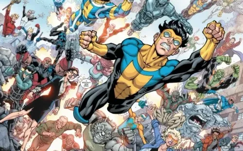 Una splash page del cómic “Invincible” que muestra la amplitud de personajes que incorpora la historia que se convertirá en serie para Amazon Prime Video.