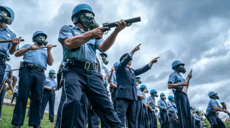 La brutalidad policial es uno de los temas que aborda “El Juicio de los 7 de Chicago”.