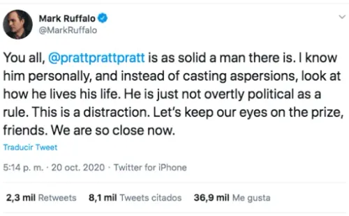 De vuelta en Twitter: la defensa que Mark Ruffalo hizo de Chris Pratt.