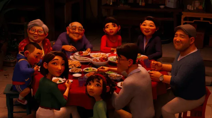Fei Fei junto a su familia en “Más allá de la Luna”, de Netflix.