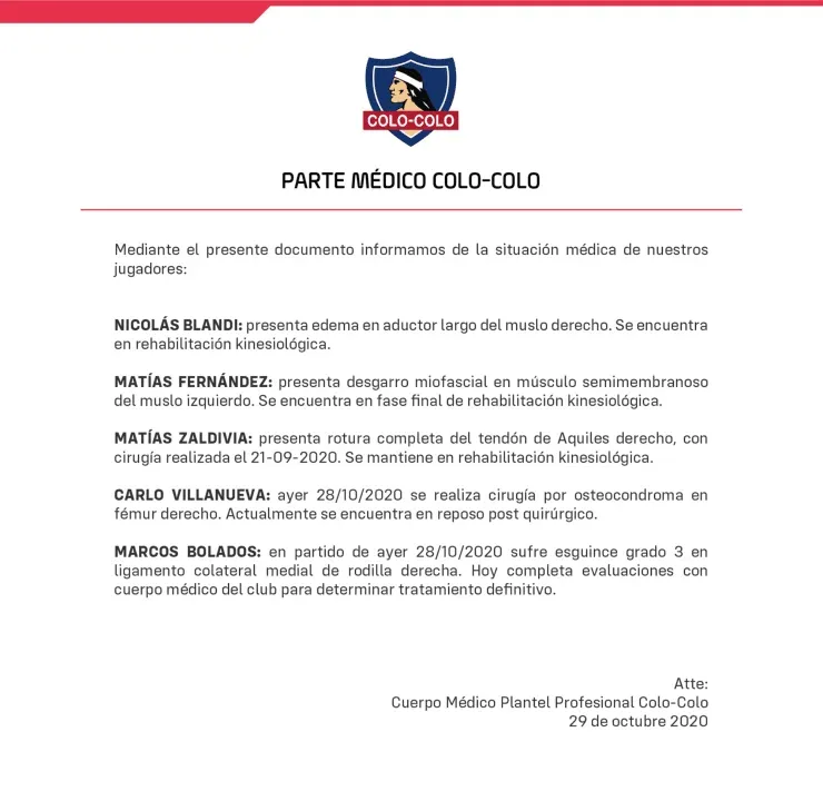 Parte médico de Colo Colo