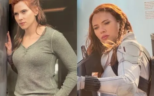 Scarlett Johansson con dos de los atuendo utilizados para “Black Widow”.