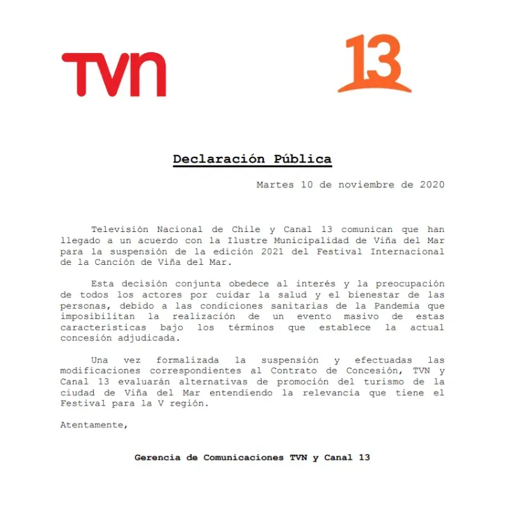El comunicado conjunto de Canal 13 y TVN por la suspensión, por primera vez en la historia, del Festival de Viña del Mar. | Foto: Gerencia de Comunicaciones TVN y Canal 13.