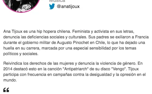 El espacio que la BBC le dedicó a Ana Tijoux, entre las 100 mujeres más inspiradoras e influyentes de 2020.